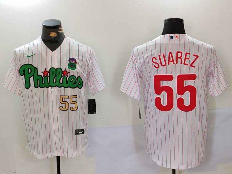 Men Philadelphia Phillies #55 Suarez White stripe Second generation Joint Name 2024 Nike MLB Jersey style 2->philadelphia phillies->MLB Jersey
